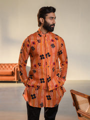 Floral Orange  Kurta Bandi Set For Men