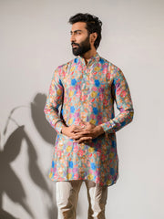 Floral Steel Grey  Ganganagry Kurta For Men