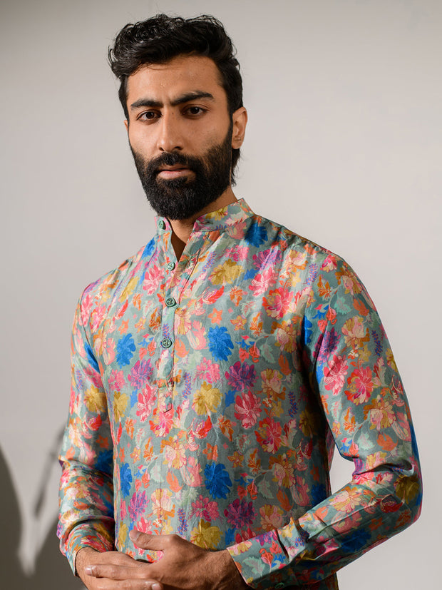 Floral Steel Grey  Ganganagry Kurta For Men