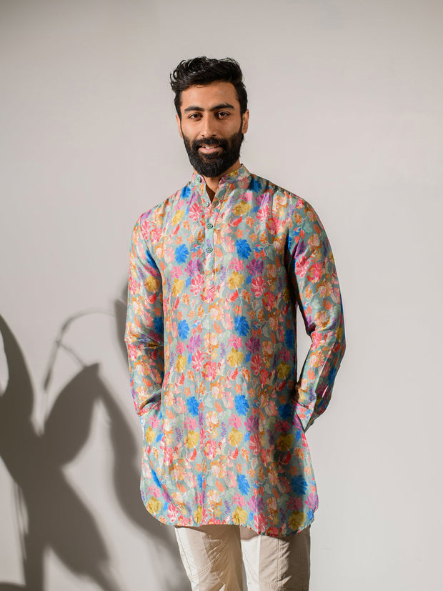 Floral Steel Grey  Ganganagry Kurta For Men