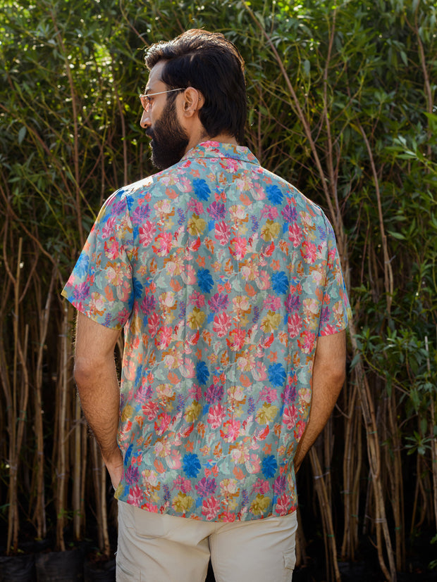 Floral Steel Grey  Oversize Hawaiin Collar For Men