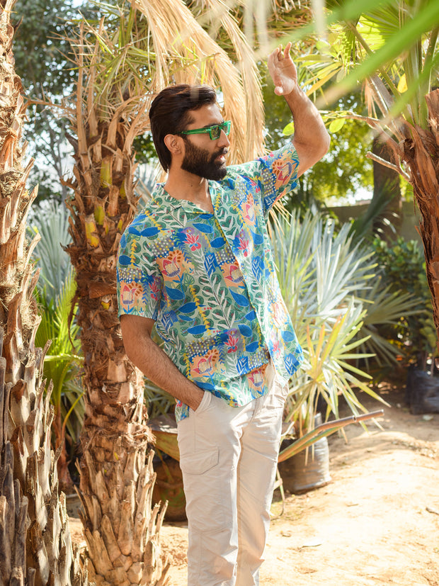 Justina Blue Floral  Oversize Hawaiin Collar Shirt