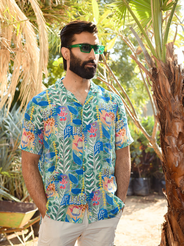 Justina Blue Floral  Oversize Hawaiin Collar Shirt