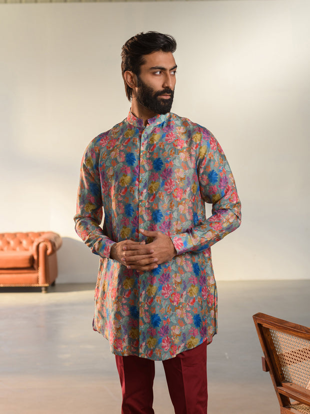 Floral Steel Grey  Full Button Kurta For Men