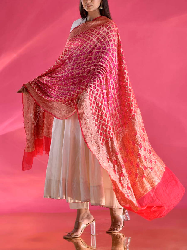 Red and Pink Georgette Zari Dupatta