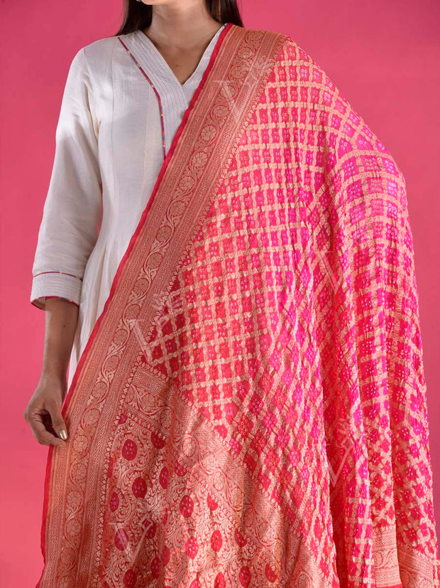 Red and Pink Georgette Zari Dupatta