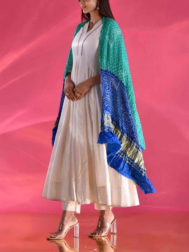 Blue and Green Gajji Silk Zari Dupatta