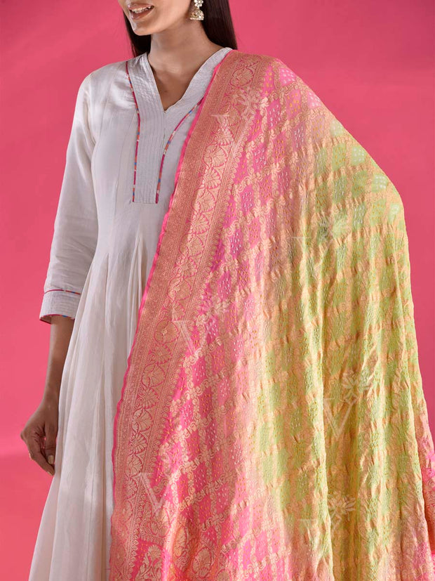 Pink and Green Georgette Zari Dupatta