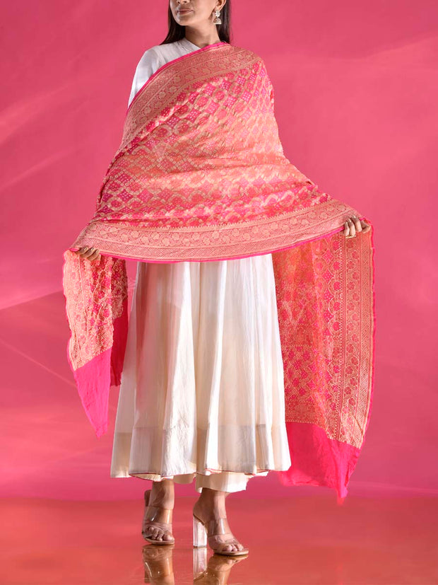 Pink and Peach Georgette Zari Dupatta