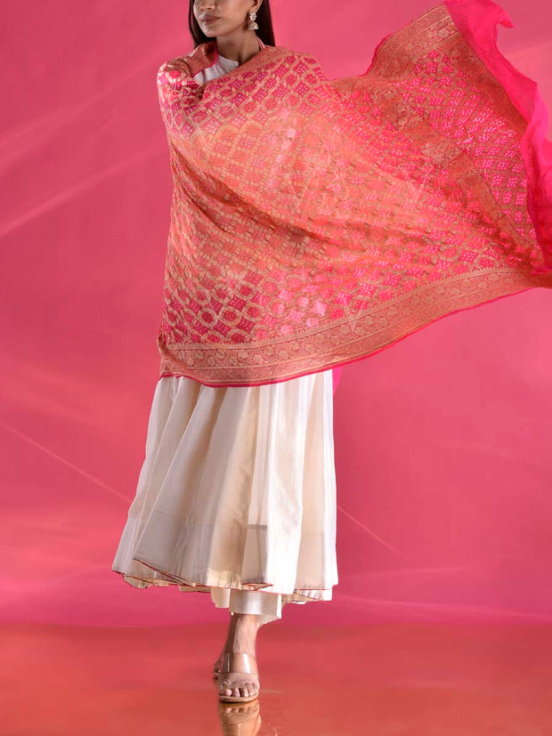 Pink and Peach Georgette Zari Dupatta