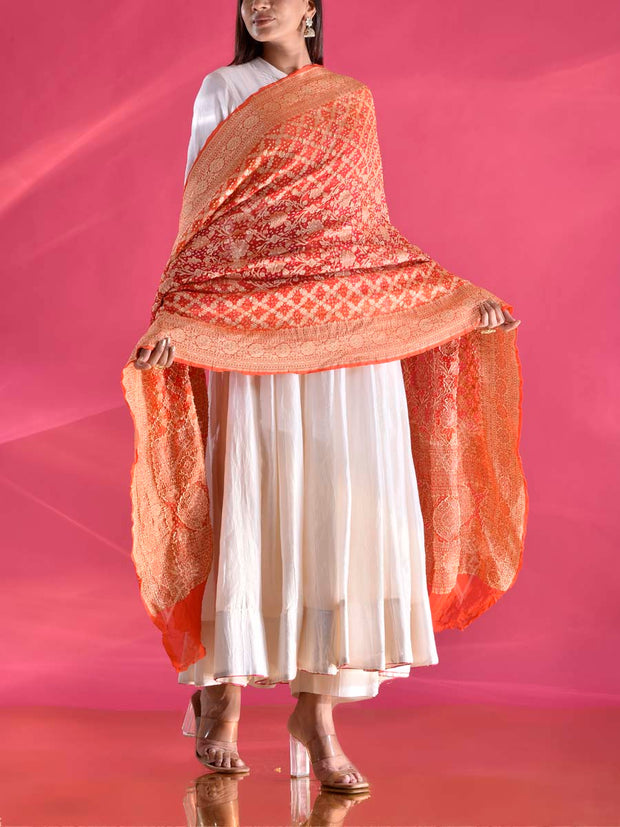 Red and Orange Georgette Zari Dupatta