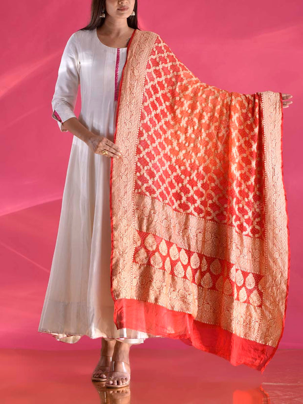 Red and Orange Georgette Zari Dupatta