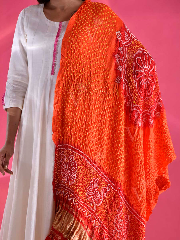 Red and Orange Gajji Silk Zari Dupatta