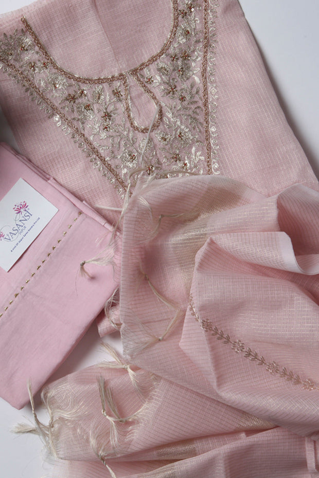 Pink Kota Silk Unstitched Suit Set