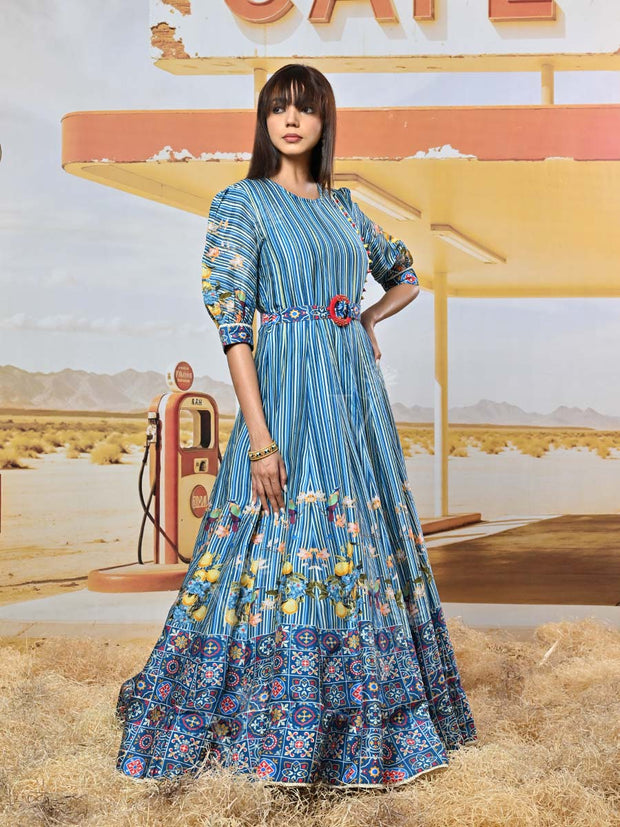 Blue Vasansi Silk Printed Anarkali Gown