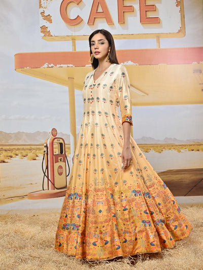 Yellow Ombre Vasansi Silk Printed Anarkali Gown