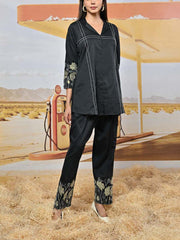 Black Cotton Satin Embroidered Co-ord Set