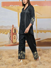 Black Cotton Satin Embroidered Co-ord Set