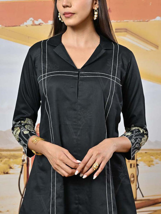 Black Cotton Satin Embroidered Co-ord Set