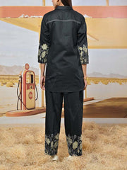 Black Cotton Satin Embroidered Co-ord Set