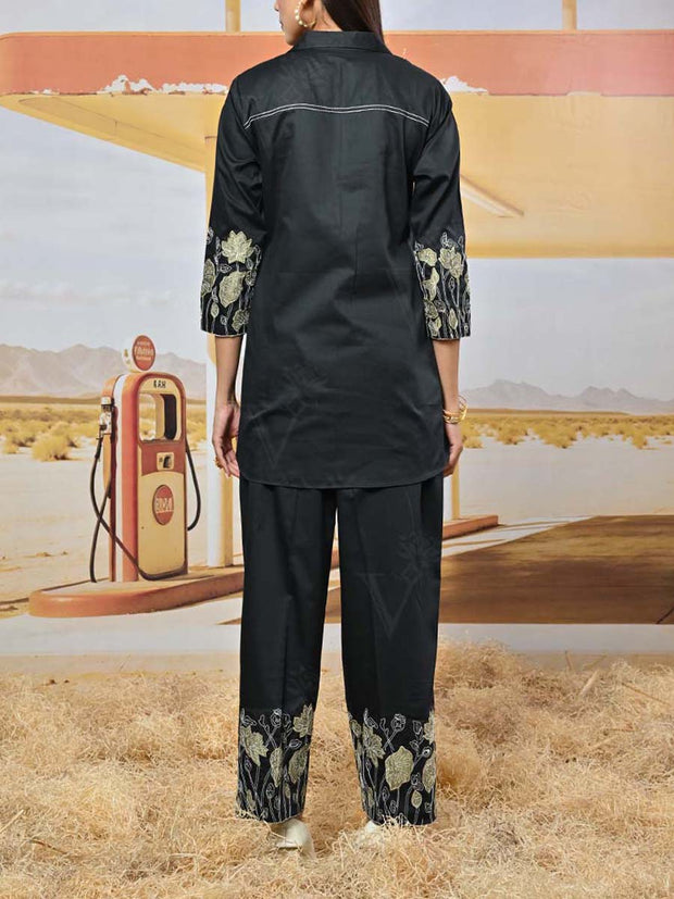 Black Cotton Satin Embroidered Co-ord Set