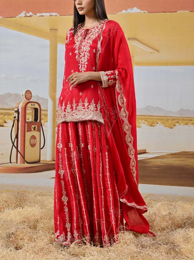 Red Wrinkle Crepe Embroidered Kurta and Garara Set