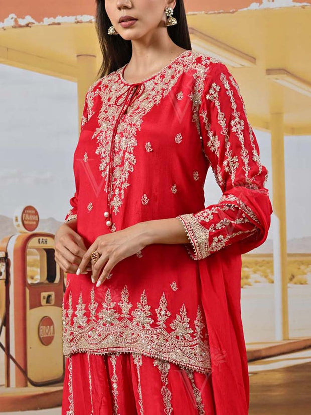 Red Wrinkle Crepe Embroidered Kurta and Garara Set