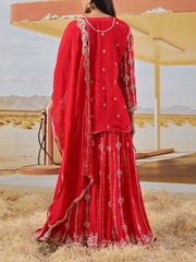Red Wrinkle Crepe Embroidered Kurta and Garara Set