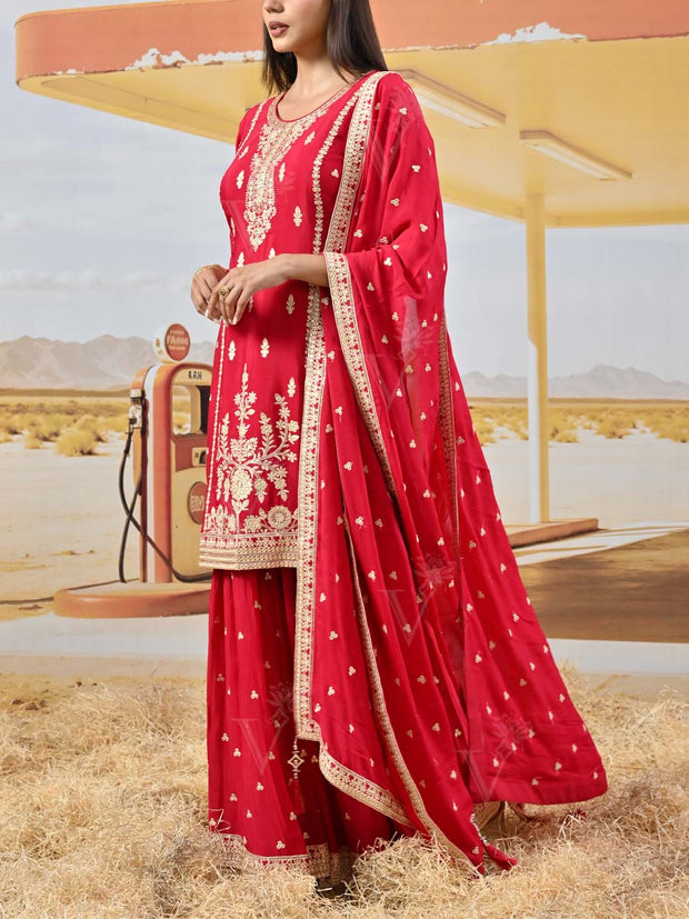 Red Crepe Embroidered Kurta and Garara Set