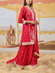 Red Crepe Embroidered Kurta and Garara Set