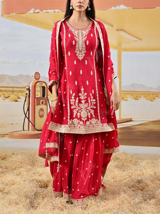 Red Crepe Embroidered Kurta and Garara Set
