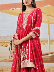 Red Crepe Embroidered Kurta and Garara Set
