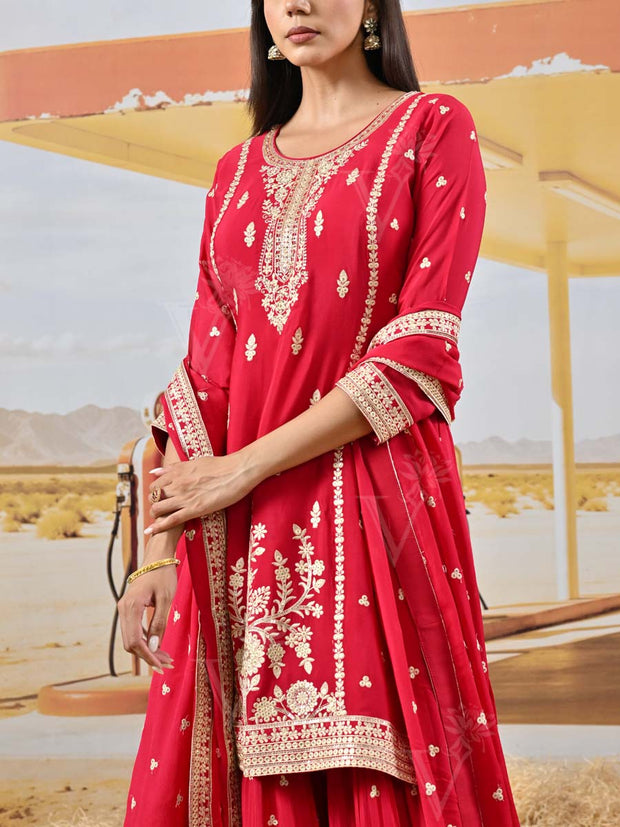 Red Crepe Embroidered Kurta and Garara Set