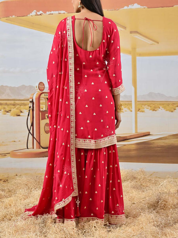Red Crepe Embroidered Kurta and Garara Set