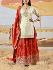 Red and Off-White Tissue Shimmer Embroidered Kurta and Garara Set
