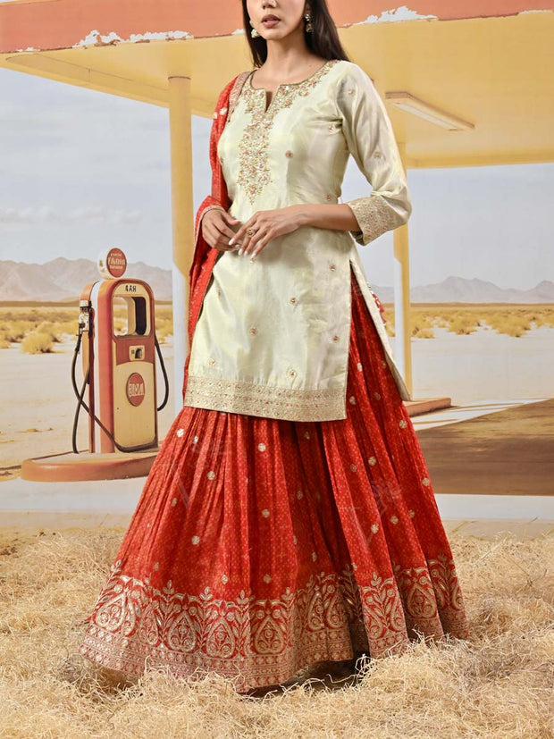 Red and Off-White Tissue Shimmer Embroidered Kurta and Garara Set