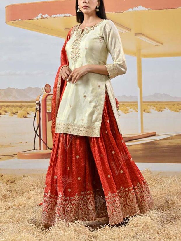 Red and Off-White Tissue Shimmer Embroidered Kurta and Garara Set
