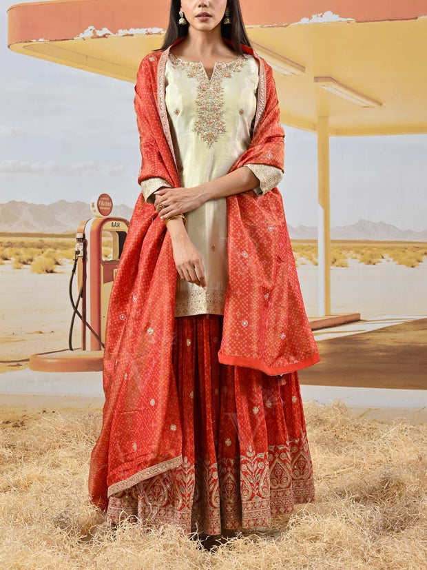 Red and Off-White Tissue Shimmer Embroidered Kurta and Garara Set