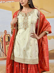Red and Off-White Tissue Shimmer Embroidered Kurta and Garara Set