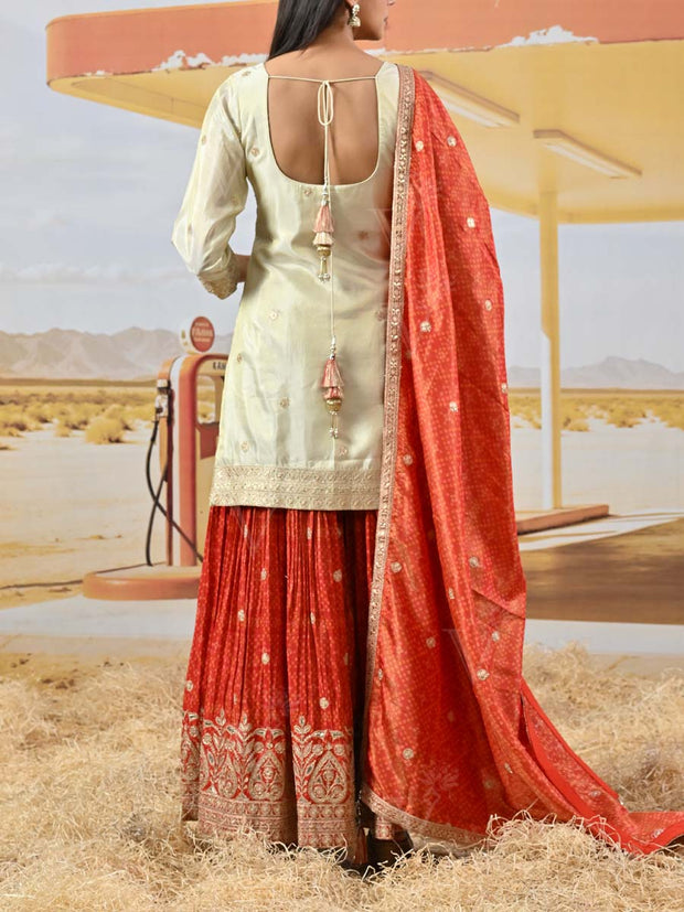 Red and Off-White Tissue Shimmer Embroidered Kurta and Garara Set