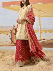 Cream and Onion Pink Tissue Shimmer Embroidered Kurta and Garara Set