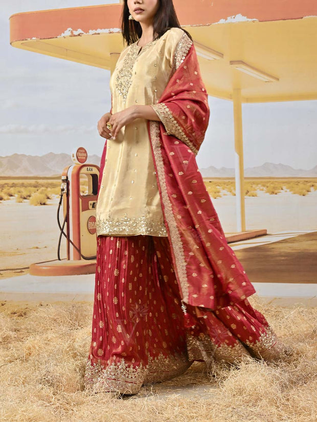 Cream and Onion Pink Tissue Shimmer Embroidered Kurta and Garara Set