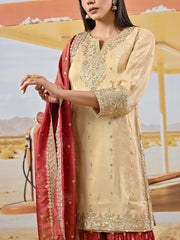 Cream and Onion Pink Tissue Shimmer Embroidered Kurta and Garara Set
