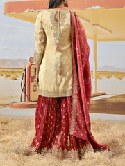 Cream and Onion Pink Tissue Shimmer Embroidered Kurta and Garara Set