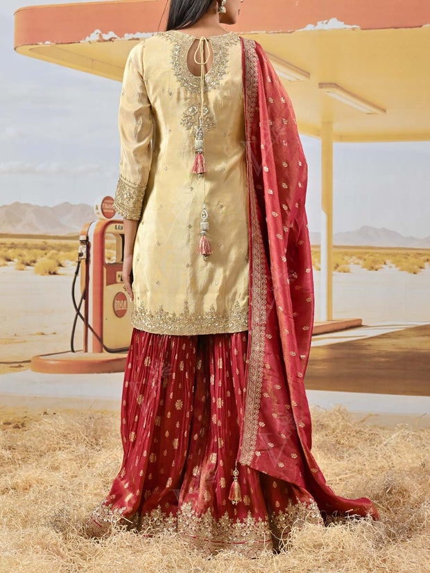 Cream and Onion Pink Tissue Shimmer Embroidered Kurta and Garara Set