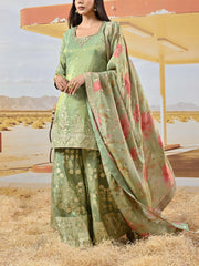 Green Embroidered Shimmer Tissue Kurta and Garara Set