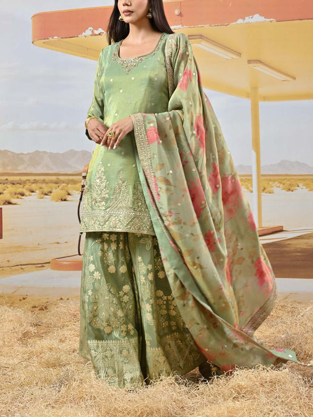 Green Embroidered Shimmer Tissue Kurta and Garara Set