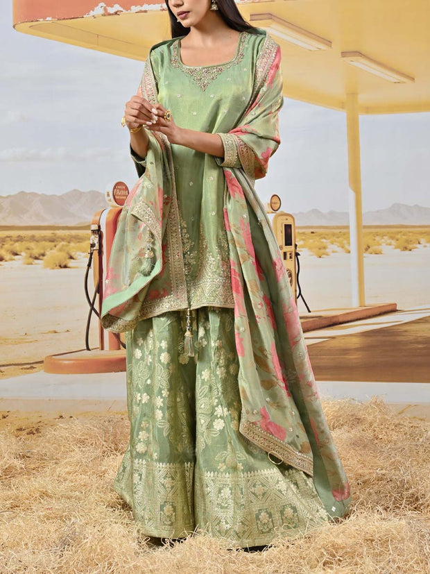 Green Embroidered Shimmer Tissue Kurta and Garara Set