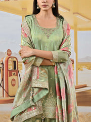 Green Embroidered Shimmer Tissue Kurta and Garara Set