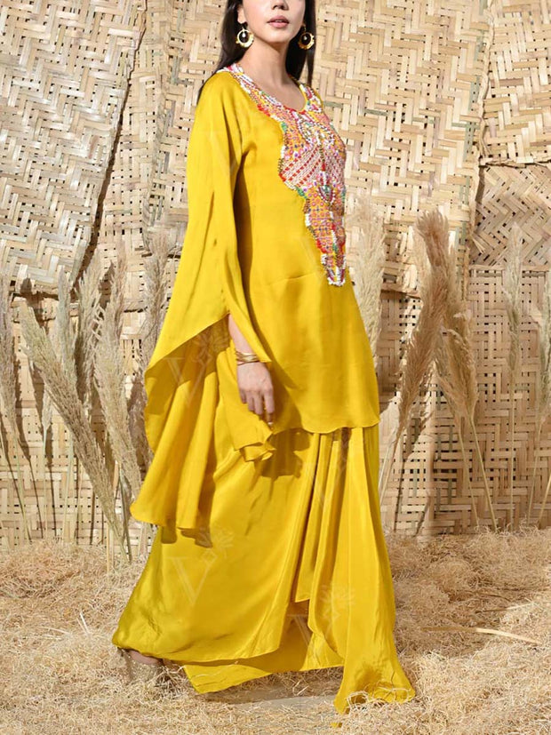 Yellow Embroidered Cape and Drape Skirt Set